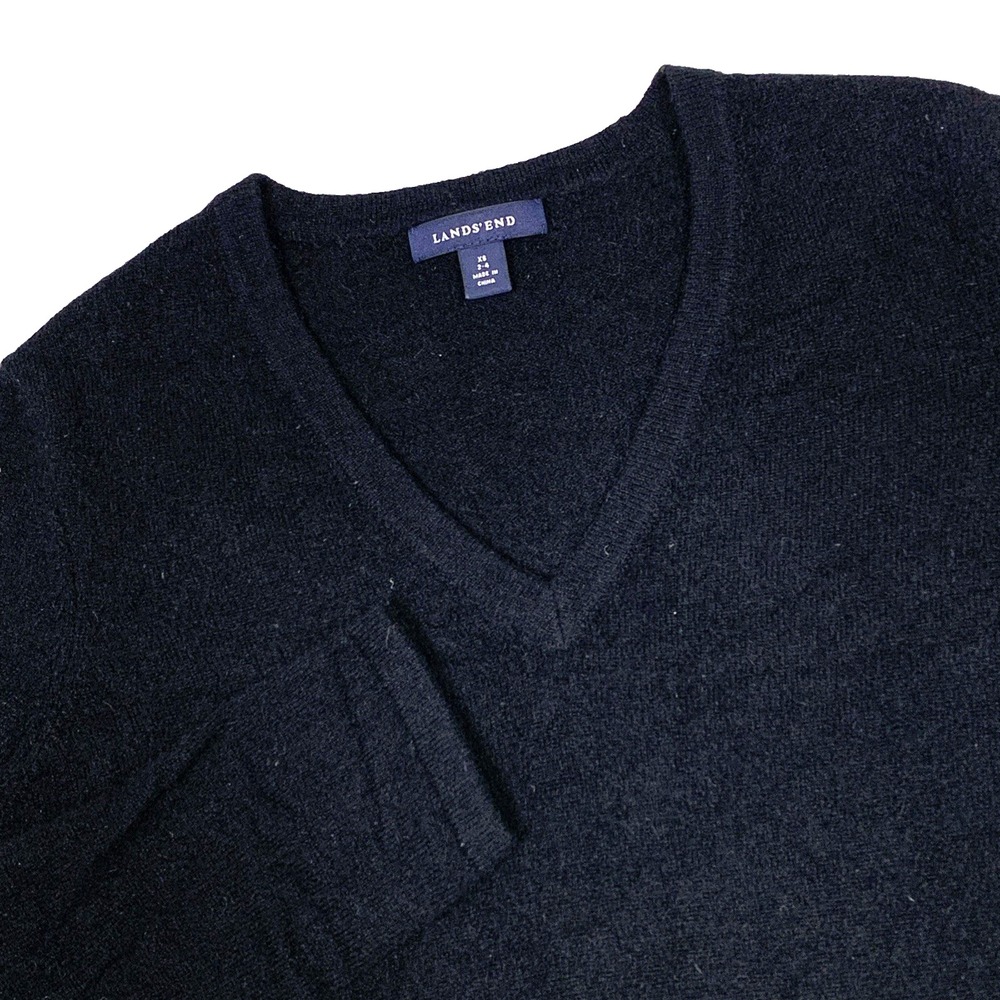 Lands End 100% Cashmere Sweater Womens XS 2 - 4 Black V-Neck Knit Pullover